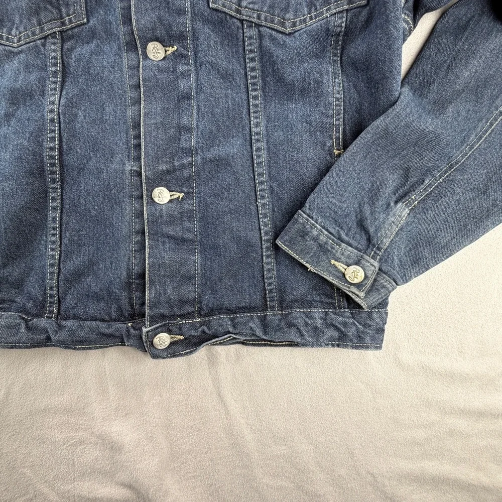 Vintage Robert Stock Denim Jacket Mens XL Blue Leather Patch Back Trucker